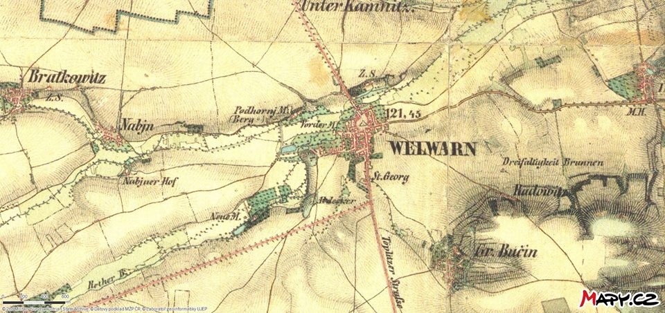 Překrásná stará mapa s německým názvem současných Velvar