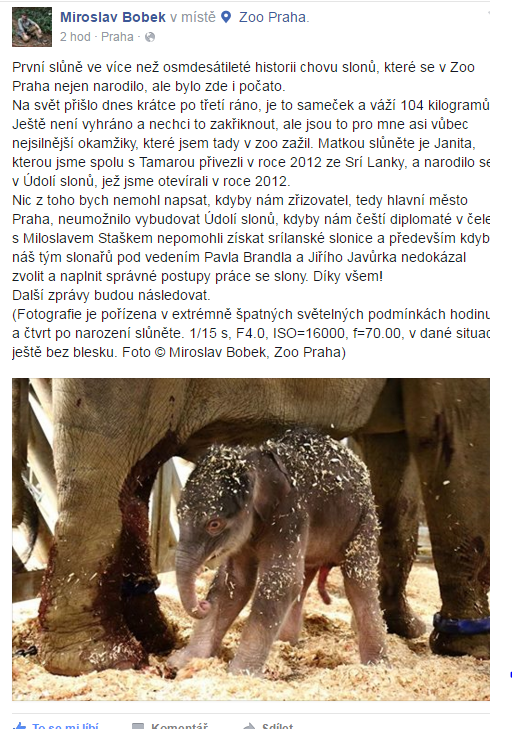 Z Facebooku Miroslava Bobka, který narození mláděte oznámil