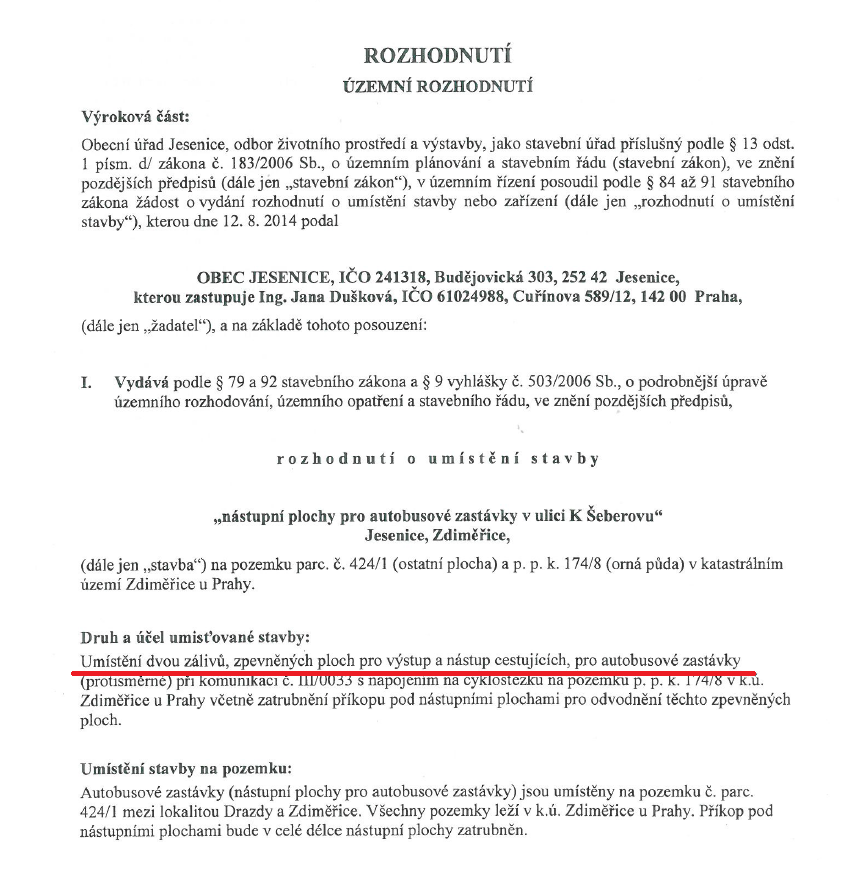 Územní rozhodnutí týkající se zastávek autobusu