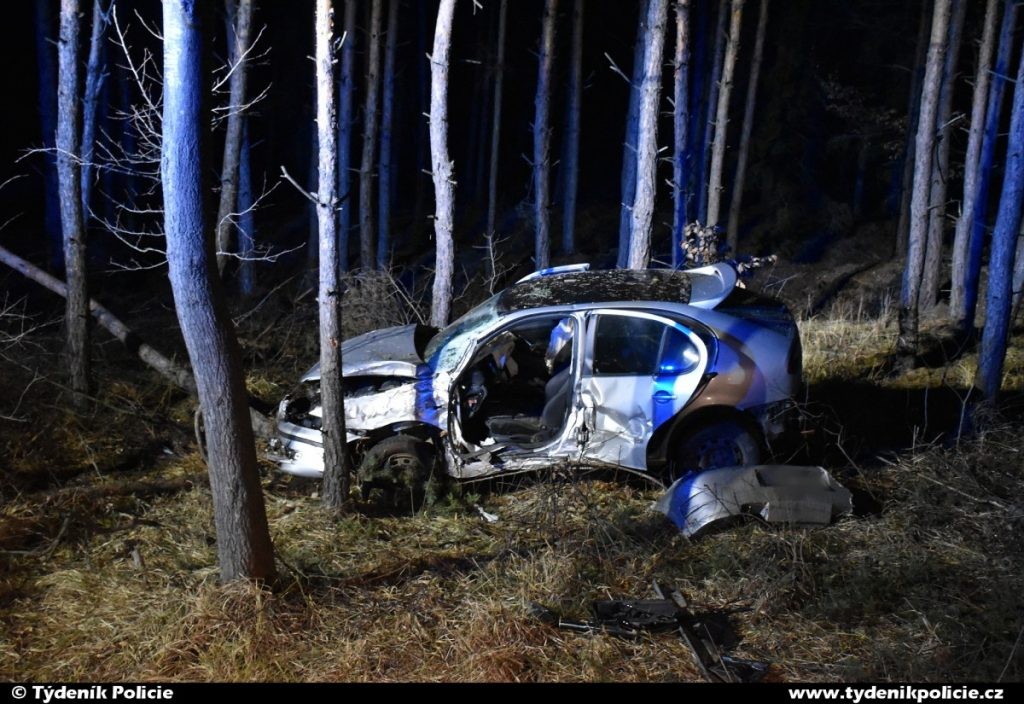 Auto zůstalo naprosto zdevastované potom, co prorazilo několik stromů