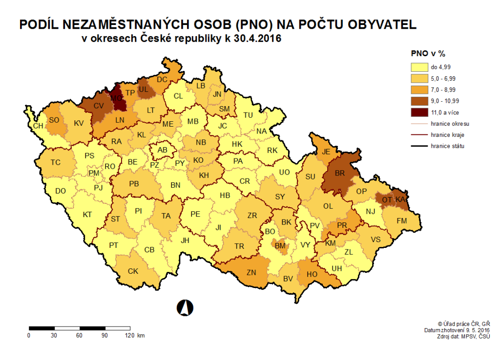 Podíl nezaměstnaných osob na počet obyvatel v ČR k 30. 4. 2016