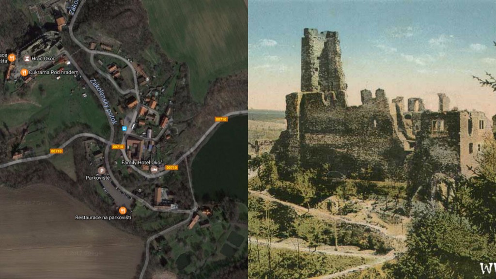 Na Okoř je cesta jako žádná ze sta, roubená je stromama...
