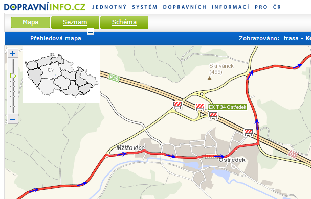 Objízdná trasa vyznačena červeně