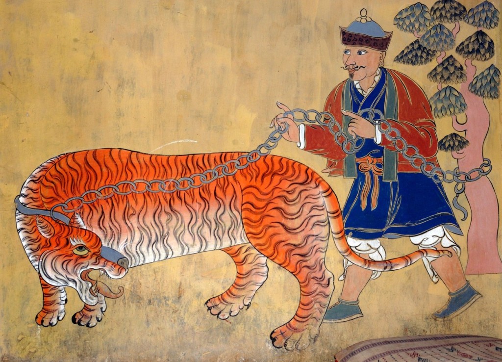 Mongolský vládce s tygrem na řetězu