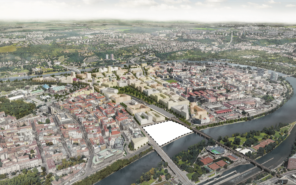 Na mapě je vykreslená podoba nové čtvrtě Bubny-Zátory a bílé místo patří pozemku, kde má vyrůst nová pražská filharmonie